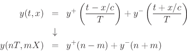 \begin{eqnarray*}
y(t,x) &=& y^{+}\left(\frac{t-x/c}{T}\right) + y^{-}\left(\frac{t+x/c}{T}\right) \\
&\downarrow& \\
y(nT,mX) &=& y^{+}(n-m) + y^{-}(n+m)
\end{eqnarray*}
