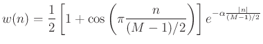 $\displaystyle w(n) = \frac{1}{2}\left[1 + \cos\left(\pi\frac{n}{(M-1)/2}\right)\right] e^{-\alpha\frac{\vert n\vert}{(M-1)/2}}
$