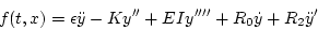 \begin{displaymath}
f(t,x) = \epsilon{\ddot y}- K y''+ EIy''''+ R_0{\dot y}+ R_2 {\ddot y'}
\protect
\end{displaymath}