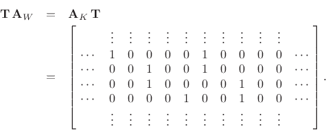 \begin{eqnarray*}
\mathbf{T}\,\mathbf{A}_W&=& \mathbf{A}_K\,\mathbf{T}\\
&=&
\left[\!
\begin{array}{cccccccccccc}
& \vdots & \vdots & \vdots & \vdots & \vdots & \vdots & \vdots & \vdots & \vdots & \vdots\\
\cdots & 1 & 0 & 0 & 0 & 0 & 1 & 0 & 0 & 0 & 0 & \cdots\\
\cdots & 0 & 0 & 1 & 0 & 0 & 1 & 0 & 0 & 0 & 0 & \cdots\\
\cdots & 0 & 0 & 1 & 0 & 0 & 0 & 0 & 1 & 0 & 0 & \cdots\\
\cdots & 0 & 0 & 0 & 0 & 1 & 0 & 0 & 1 & 0 & 0 & \cdots\\
& \vdots & \vdots & \vdots & \vdots & \vdots & \vdots & \vdots & \vdots & \vdots & \vdots
\end{array}\!\right].
\end{eqnarray*}