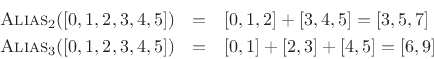 \begin{eqnarray*}
\hbox{\sc Alias}_2([0,1,2,3,4,5]) &=& [0,1,2] + [3,4,5] = [3,5,7] \\
\hbox{\sc Alias}_3([0,1,2,3,4,5]) &=& [0,1] + [2,3] + [4,5] = [6,9]
\end{eqnarray*}
