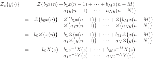 \begin{eqnarrayda}
y(n) &=& b_0 x(n) &+& b_1 x(n - 1) + \cdots + b_M x(n - M)\\
& & &-& a_1 y(n - 1) - \cdots - a_N y(n - N).\\
\end{eqnarrayda}