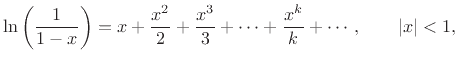 \begin{eqnarray*}
\ln\left(\frac{1}{1-q_iz^{-1}}\right) &=& \sum_{n=1}^\infty \frac{q_i^n}{n} z^{-n}, \qquad \left\vert z\right\vert>\left\vert q_i\right\vert\\ [5pt]
\ln\left(\frac{1}{1-p_iz^{-1}}\right) &=& \sum_{n=1}^\infty \frac{p_i^n}{n} z^{-n}, \qquad \left\vert z\right\vert>\left\vert p_i\right\vert.
\end{eqnarray*}