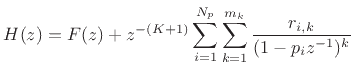 \begin{eqnarray*}
H(z) &\isdef & \frac{1+z^{-5}}{1+0.9z^{-5}}\\
&=&\left(\frac{1 + 0.61803z^{-1}+ z^{-2}}{1 + 0.60515z^{-1}+ 0.95873z^{-2}}\right)
\left(\frac{1 - 1.61803z^{-1}+ z^{-2}}{1 - 1.58430z^{-1}+ 0.95873z^{-2}}\right)\\
&& \left(\frac{1 + z^{-1}}{1 + 0.97915z^{-1}}\right)
\end{eqnarray*}