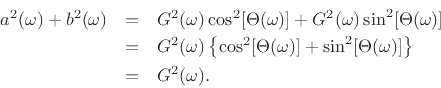 \begin{eqnarray*}
a^2(\omega) + b^2(\omega) &=& G^2(\omega)\cos^2[\Theta(\omega)] + G^2(\omega) \sin^2[\Theta(\omega)]\\
&=& G^2(\omega)\left\{\cos^2[\Theta(\omega)] + \sin^2[\Theta(\omega)]\right\}\\
&=& G^2(\omega).
\end{eqnarray*}