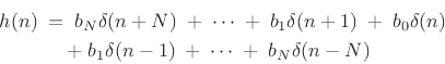 \begin{eqnarray*}
\lefteqn{
h(n) \eqsp
b_{N}\delta(n+N)
\;+\; \cdots
\;+\; b_{1}\delta(n+1)
\;+\; b_0\delta(n)}\quad\,\\ % trying to align cdots
& & \;+\; b_1 \delta(n-1)
\;+\; \cdots
\;+\; b_N\delta(n-N)
\end{eqnarray*}