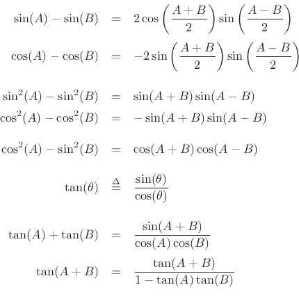 \begin{eqnarray*}
\mr {\sin(A)-\sin(B)}{2\cos\left(\frac{A+B}{2}\right)\sin\left(\frac{A-B}{2}\right)}%
{\cos(A)-\cos(B)}{-2\sin\left(\frac{A+B}{2}\right)\sin\left(\frac{A-B}{2}\right)}
\mr {\sin^2(A)-\sin^2(B)}{\sin(A+B)\sin(A-B)}%
{\cos^2(A)-\cos^2(B)}{-\sin(A+B)\sin(A-B)}
\mrone {\cos^2(A)-\sin^2(B)}{=}{\cos(A+B)\cos(A-B)}
\mrone {\tan(\theta)}{\isdef }{\frac{\sin(\theta)}{\cos(\theta)}}
\mr {\tan(A)+\tan(B)}{\frac{\sin(A+B)}{\cos(A)\cos(B)}}%
{\tan(A+B)}{\frac{\tan(A+B)}{1-\tan(A)\tan(B)}}
\end{eqnarray*}