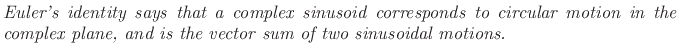 $\textstyle \parbox{0.8\textwidth}{%
\emph{Euler's identity says that a complex sinusoid corresponds to
circular motion in the complex plane, and is the vector sum of two
sinusoidal motions.}
}$