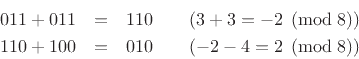 \begin{eqnarray*}
011 + 011 &=& 110 \qquad \mbox{$(3+3=-2\;\left(\mbox{mod}\;8\right))$}\\
110 + 100 &=& 010 \qquad \mbox{$(-2-4=2\;\left(\mbox{mod}\;8\right))$}
\end{eqnarray*}