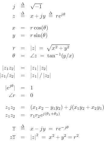 \begin{displaymath}
\begin{array}{rclrcl}
\mrr {j}{\isdef }{\sqrt{-1}}{z}{\isdef }{x+jy \; \mathrel{\isdef } \; re^{j\theta}}
\mr {x}{r \cos(\theta)}{y}{r \sin(\theta)}
\mr {r}{\left\vert z\right\vert \;=\; \sqrt{x^2+y^2}}{\theta}{\angle z \;=\; \tan^{-1}(y/x)}
\mr {\left\vert z_1 z_2\right\vert}{\left\vert z_1\right\vert\left\vert z_2\right\vert}{\left\vert z_1/z_2\right\vert}{\left\vert z_1\right\vert/\left\vert z_2\right\vert}
\mr {\vert e^{j\theta}\vert}{1}{\angle r}{0}
\mr {z_1 z_2}{(x_1x_2-y_1y_2) + j(x_1y_2+x_2y_1)}{z_1z_2}{r_1r_2e^{j(\theta_1+\theta_2)}}
\mrr {\overline{z}}{\isdef }{x-jy \;=\;re^{-j\theta}}{z\overline{z}}{=}{\left\vert z\right\vert^2 \;=\; x^2+y^2=r^2}
\end{array}\end{displaymath}