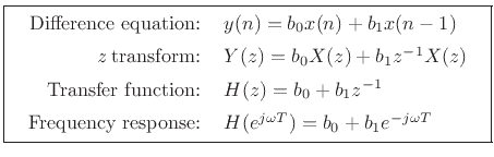 \fbox{
\begin{tabular}{rl}
Difference equation: & $y(n) = b_0x(n) + b_1x(n - 1)$\ \\ [5pt]
{\it z} transform: & $Y(z) = b_0X(z) + b_1z^{-1}X(z)$\\ [5pt]
Transfer function: & $H(z) = b_0 + b_1z^{-1}$\\ [5pt]
Frequency response: & $H(e^{j\omega T}) = b_0 + b_1e^{-j\omega T}$
\end{tabular}}