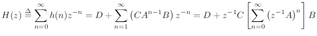 \begin{eqnarray*}
\left[\begin{array}{c} x_1(n+1) \\ [2pt] x_2(n+1) \end{array}\right]
&=&
g\left[\begin{array}{rr} c & -s \\ [2pt] s & c \end{array}\right]
\left[\begin{array}{c} x_1(n) \\ [2pt] x_2(n) \end{array}\right]
+
\left[\begin{array}{cc} 1 & 0 \\ [2pt] 0 & 1 \end{array}\right]
\left[\begin{array}{c} u_1(n) \\ [2pt] u_2(n) \end{array}\right],\\ [10pt]
\left[\begin{array}{c} y_1(n) \\ [2pt] y_2(n) \end{array}\right]
&=&
\left[\begin{array}{cc} 1 & 0 \\ [2pt] 0 & 1 \end{array}\right]
\left[\begin{array}{c} x_1(n) \\ [2pt] x_2(n) \end{array}\right].
\end{eqnarray*}