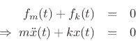 \begin{eqnarray*}
f_m(t) + f_k(t) &=& 0\\
\Rightarrow\; m {\ddot x}(t) + k x(t) &=& 0
\end{eqnarray*}