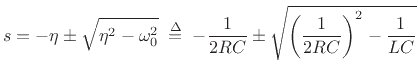 \begin{eqnarray*}
r_1+r_2 &=& 2\eta \;\mathrel{=}\; \frac{1}{RC}\\
r_1p_2 + r_2p_1 &=& 0.
\end{eqnarray*}