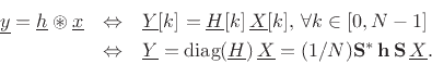 \begin{eqnarray*}
\underline{y}=\underline{h}\circledast {\underline{x}}
&\Leftrightarrow&
\underline{Y}[k]=\underline{H}[k]\,\underline{X}[k], \,\forall k\in[0,N-1]\\
&\Leftrightarrow&
\underline{Y}= \mbox{diag}(\underline{H})\,\underline{X}=(1/N)\mathbf{S}^\ast\,\mathbf{h}\,\mathbf{S}\,\underline{X}.
\end{eqnarray*}