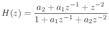 $\displaystyle H(z) = \frac{a_2 + a_1 z^{-1}+ z^{-2}}{1 + a_1 z^{-1}+ a_2 z^{-2}}
$