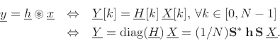 $\displaystyle \underline{y}= (1/N)\mathbf{S}\underline{Y}=(1/N)\mathbf{S}\mathbf{S}^\ast\,\mathbf{h}\,(1/N)\mathbf{S}\underline{X}= \mathbf{h}{\underline{x}}.
$