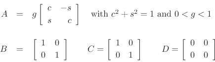 \begin{eqnarray*}
H(z) &=& C(zI-A)^{-1}B = (zI-A)^{-1} = \left[\begin{array}{cc} z-gc & gs \\ [2pt] -gs & z-gc \end{array}\right]^{-1}\\ [5pt]
&=&\frac{1}{z^2-2gcz +g^2c^2+g^2s^2}\left[\begin{array}{cc} z-gc & -gs \\ [2pt] gs & z-gc \end{array}\right]\\ [5pt]
&=&\left[\begin{array}{cc} \frac{\displaystyle z^{-1}-gcz^{-2}}{\displaystyle 1-2gcz^{-1}+g^2z^{-2}} & -\frac{\displaystyle sz^{-2}}{\displaystyle 1-2gcz^{-1}+g^2z^{-2}} \\ [5pt] \frac{\displaystyle gsz^{-2}}{\displaystyle 1-2gcz^{-1}+g^2z^{-2}} & \frac{\displaystyle z^{-1}-gcz^{-2}}{\displaystyle 1-2gcz^{-1}+g^2z^{-2}} \end{array}\right].
\end{eqnarray*}