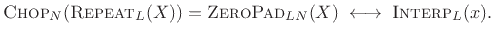 $\displaystyle \hbox{\sc Chop}_N(\hbox{\sc Repeat}_L(X)) = \hbox{\sc ZeroPad}_{LN}(X)
\;\longleftrightarrow\;\hbox{\sc Interp}_L(x).
$