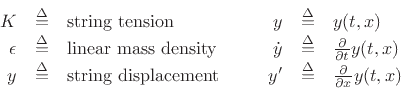 \begin{displaymath}\begin{array}{rclrcl} K& \isdef & \mbox{string tension} & \qquad y & \isdef & y(t,x) \\ \epsilon & \isdef & \mbox{linear mass density} & {\dot y}& \isdef & \frac{\partial}{\partial t}y(t,x) \nonumber \\ y & \isdef & \mbox{string displacement} & y'& \isdef & \frac{\partial}{\partial x}y(t,x) \nonumber \end{array}\end{displaymath}