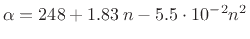 $ \alpha = 248 + 1.83\,n - 5.5 \cdot 10^{-2}n^2$