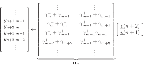 \begin{displaymath}
\left[\!
\begin{array}{l}
\qquad\vdots\\
y_{n+1,m-1}\\
y_{n+2,m}\\
y_{n+1,m+1}\\
y_{n+2,m+2}\\
\qquad\vdots
\end{array}\!\right]
\!
\leftarrow
\!
\underbrace{\left[\!
\begin{array}{cc}
\vdots & \vdots\\
\gamma^{+}_m +\gamma^{-}_{m-1} \,&\, \gamma^{+}_{m-1}+\gamma^{-}_{m-1} \\ [5pt]
\gamma^{+}_m +\gamma^{-}_m \,&\, \gamma^{+}_{m-1}+\gamma^{-}_{m+1} \\ [5pt]
\gamma^{-}_m +\gamma^{+}_{m+1} \,&\, \gamma^{+}_{m+1}\gamma^{-}_{m+1} \\ [5pt]
\gamma^{+}_{m+2}+\gamma^{-}_{m+2} \,&\, \gamma^{+}_{m+1}+\gamma^{-}_{m+3} \\ [5pt]
\vdots & \vdots
\end{array}\!\right]}_{\mathbf{B}_K}
\!
\left[\!
\begin{array}{c}
\underline{\upsilon}(n+2)\\
\underline{\upsilon}(n+1)
\end{array}\!\right]
\end{displaymath}