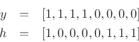 \begin{eqnarray*}
y&=&[1,1,1,1,0,0,0,0] \\
h&=&[1,0,0,0,0,1,1,1]
\end{eqnarray*}