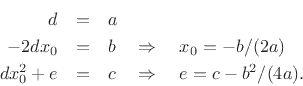 \begin{eqnarray*}
d &=& a\\
-2 d x_0 &=& b \quad\Rightarrow\quad x_0 = -b/(2a) \\
d x_0^2 + e &=& c \quad\Rightarrow\quad e = c - b^2/(4a).
\end{eqnarray*}