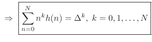 \begin{eqnarray*}
0 &=& \left.\frac{d^k}{d\omega^k} E(\ejo) \right\vert _{\omega=0}
= \left.\frac{d^k}{d\omega^k} e^{-j\omega\Delta} - \sum_{n=0}^N h(n)e^{-j\omega n}\right\vert _{\omega=0}\\
&=& (-j\Delta)^k - \sum_{n=0}^N (-jn)^k h(n)
\end{eqnarray*}