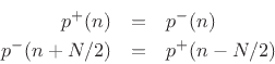 \begin{eqnarray*}
f^{{+}}(n) &=& f^{{-}}(n) \\
f^{{-}}(n+N/2) &=& f^{{+}}(n-N/2)
\end{eqnarray*}