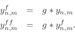 \begin{eqnarray*}
y^{+}_{n+1,m}&=& g\ast y^{+}_{n,m-1}\;=\; g\ast (y_{n,m-1}- y^{-}_{n,m-1})\\
y^{-}_{n+1,m}&=& g\ast y^{-}_{n,m+1}\;=\; g\ast (y_{n,m+1}- y^{+}_{n,m+1})\\ [10pt]
\Rightarrow\quad
y_{n+1,m}&=& g\ast (y_{n,m-1}+y_{n,m+1})
- g\ast (\underbrace{y^{-}_{n,m-1}}_{g\ast y^{-}_{n-1,m}} +
\underbrace{y^{+}_{n,m+1}}_{g\ast y^{+}_{n-1,m}})\nonumber \\
&=& g\ast (y_{n,m-1}+y_{n,m+1}) - g\ast g\ast y_{n-1,m}\\
&=& g\ast \left[(y_{n,m-1}+y_{n,m+1}) - g\ast y_{n-1,m}\right]
\end{eqnarray*}