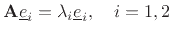 $\displaystyle \mathbf{A}\underline{e}_i = {\lambda_i}\underline{e}_i,\quad i=1,2
$