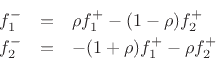 \begin{eqnarray*}
f^{{-}}_1 &=& \rho f^{{+}}_1 - (1-\rho) f^{{+}}_2\\
f^{{-}}_2 &=& -(1+\rho)f^{{+}}_1 - \rho f^{{+}}_2
\end{eqnarray*}