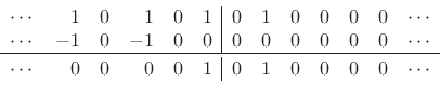 \begin{displaymath}\begin{array}{crrrrr\vert rrrrrrc} \cdots & 1 & 0 & 1 & 0 & 1 & 0 & 1 & 0 & 0 & 0 & 0 & \cdots\\ \cdots & -1 & 0 & -1 & 0 & 0 & 0 & 0 & 0 & 0 & 0 & 0 & \cdots\\ \hline\\ [-1em] \cdots & 0 & 0 & 0 & 0 & 1 & 0 & 1 & 0 & 0 & 0 & 0 & \cdots \end{array}\end{displaymath}