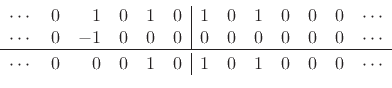 \begin{displaymath}\begin{array}{crrrrr\vert rrrrrrc} \cdots & 0 & 1 & 0 & 1 & 0 & 1 & 0 & 1 & 0 & 0 & 0 & \cdots\\ \cdots & 0 & -1 & 0 & 0 & 0 & 0 & 0 & 0 & 0 & 0 & 0 & \cdots\\ \hline\\ [-1em] \cdots & 0 & 0 & 0 & 1 & 0 & 1 & 0 & 1 & 0 & 0 & 0 & \cdots \end{array}\end{displaymath}