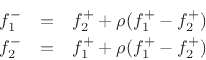 \begin{eqnarray*}
f^{{-}}_1 &=& f^{{+}}_2 + \rho(f^{{+}}_1 - f^{{+}}_2)\\
f^{{-}}_2 &=& f^{{+}}_1 + \rho(f^{{+}}_1 - f^{{+}}_2)
\end{eqnarray*}