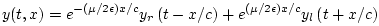 $\displaystyle y(t,x) = e^{-{\left(\mu/2\epsilon \right)}{x/c}} y_r\left(t-{x/c}\right) + e^{{\left(\mu/2\epsilon \right)}{x/c}} y_l\left(t+{x/c}\right)$