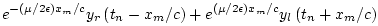 $\displaystyle e^{-{\left(\mu/2\epsilon \right)}{x_m/c}} y_r\left(t_n-{x_m/c}\right)
+ e^{{\left(\mu/2\epsilon \right)}{x_m/c}} y_l\left(t_n+{x_m/c}\right)$