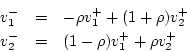 \begin{eqnarray*}
v^{-}_1 &=& -\rho v^{+}_1 + (1+\rho) v^{+}_2\\
v^{-}_2 &=& (1-\rho)v^{+}_1 + \rho v^{+}_2
\end{eqnarray*}