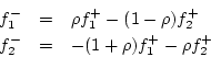 \begin{eqnarray*}
f^{{-}}_1 &=& \rho f^{{+}}_1 - (1-\rho) f^{{+}}_2\\
f^{{-}}_2 &=& -(1+\rho)f^{{+}}_1 - \rho f^{{+}}_2
\end{eqnarray*}