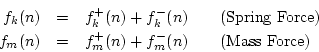 \begin{eqnarray*}
f_k(n) &=& f^{{+}}_k(n) + f^{{-}}_k(n) \qquad\hbox{(Spring For...
...f_m(n) &=& f^{{+}}_m(n) + f^{{-}}_m(n) \qquad\hbox{(Mass Force)}
\end{eqnarray*}