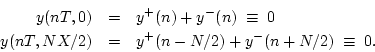 \begin{eqnarray*}
y(nT,0) &=& y^{+}(n) + y^{-}(n) \;\equiv\; 0\\
y(nT,NX/2) &=& y^{+}(n-N/2) + y^{-}(n+N/2) \;\equiv\; 0.
\end{eqnarray*}