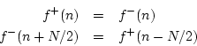 \begin{eqnarray*}
f^{{+}}(n) &=& f^{{-}}(n) \\
f^{{-}}(n+N/2) &=& f^{{+}}(n-N/2)
\end{eqnarray*}