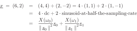 \begin{eqnarray*}
\underline{x}\;=\; (6,2)&=& (4,4)+(2,-2)=4\cdot(1,1)+2\cdot(1,-1)\\
&=& 4\cdot\mbox{dc}+2\cdot\mbox{sinusoid-at-half-the-sampling-rate}\\
&=& \frac{X(\omega_0)}{\left\Vert\,\underline{s}_0\,\right\Vert^2}\underline{s}_0
+ \frac{X(\omega_1)}{\left\Vert\,\underline{s}_1\,\right\Vert^2}\underline{s}_1
\end{eqnarray*}