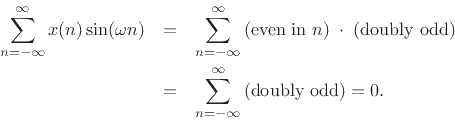 \begin{eqnarray*}
\sum_{n=-\infty}^{\infty}x(n)\sin(\omega n)
&=& \sum_{n=-\infty}^{\infty}\hbox{(even in $n$)}\;\cdot\;\hbox{(doubly odd)}\\
&=& \sum_{n=-\infty}^{\infty}\hbox{(doubly odd)} = 0.
\end{eqnarray*}