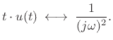 $\displaystyle t\cdot u(t) \;\longleftrightarrow\;\frac{1}{(j\omega)^2}.$