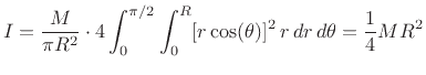 $\displaystyle I = \frac{M}{\pi R^2}\cdot 4\int_0^{\pi/2} \int_0^R [r\cos(\theta)]^2\, r\,dr\,d\theta
= \frac{1}{4}MR^2
$