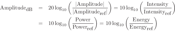 \begin{eqnarray*}
\mbox{Amplitude}_{\mbox{\small dB}} &=&
20\log_{10}\left(\frac{\left\vert\mbox{Amplitude}\right\vert}{\left\vert\mbox{Amplitude}_{\mbox{\small ref}}\right\vert}\right)
= 10\log_{10}\left(\frac{\mbox{Intensity}}{\mbox{Intensity}_{\mbox{\small ref}}}\right)\\
&=& 10\log_{10}\left(\frac{\mbox{Power}}{\mbox{Power}_{\mbox{\small ref}}}\right)
= 10\log_{10}\left(\frac{\mbox{Energy}}{\mbox{Energy}_{\mbox{\small ref}}}\right)
\end{eqnarray*}