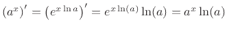 $ \left(a^x\right)^\prime = \left(e^{x\ln a}\right)^\prime
= e^{x\ln(a)}\ln(a) = a^x \ln(a)$