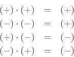 \begin{eqnarray*}
(+)\cdot(+) &=& (+)\\
(-)\cdot(-) &=& (+)\\
(+)\cdot(-) &=& (-)\\
(-)\cdot(+) &=& (-)
\end{eqnarray*}